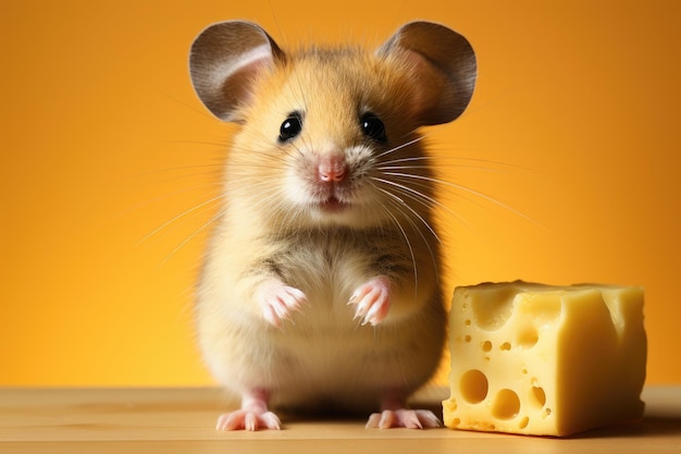 Portrait of cute little mouse with big ears sits on table near yellow cheese looking at camera