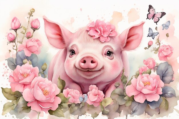 Portrait of a cute little pig with pink flowers Watercolor illustration