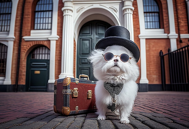 写真 太陽眼鏡と帽子をかぶった可愛い小さな白い犬の肖像画 太陽の美しい建築の背景にあるスーツケース 夏の日の夏休み旅行のコンセプト ジェネレーティブaiで作成されました