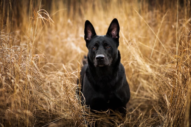 Portrait of cute mixed breed black dog walking on sunny meadow