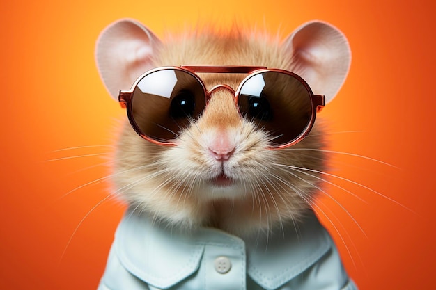 Portrait of cute mouse wearing sunglasses on solid orange background Generative AI