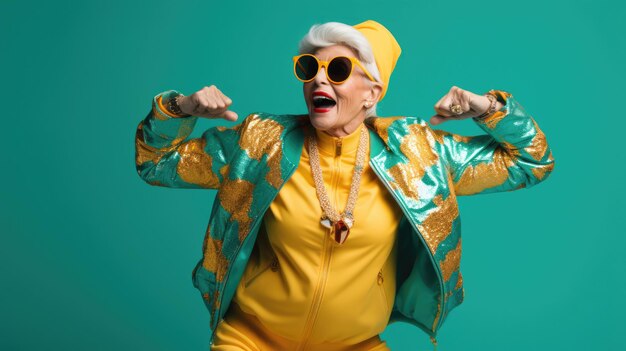 Portrait of Cute old woman dressed eyewear dancing on turquoise color background