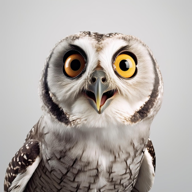 Portrait of a cute owl with a surprised expression wide open eyes and mouth looking ahead