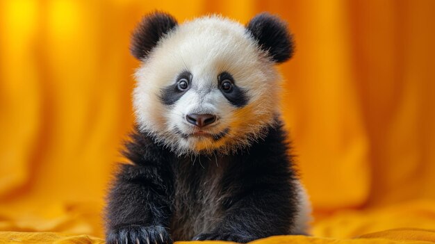 Portrait of a cute panda bear on a yellow background