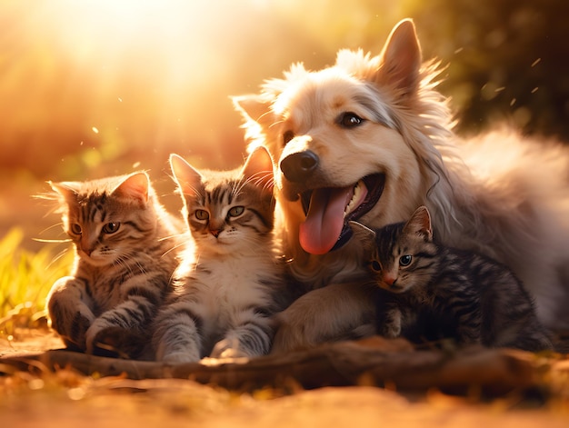 Portrait of a cute pet dog and three pussies together AI generated