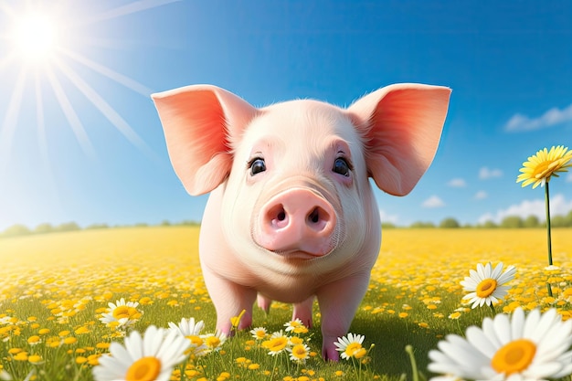 Portrait cute Pig on a chamomiles field ai generative