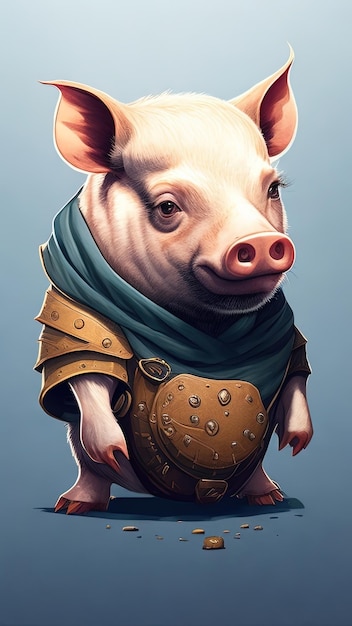 Portrait of a cute pig in a medieval armor on a blue background