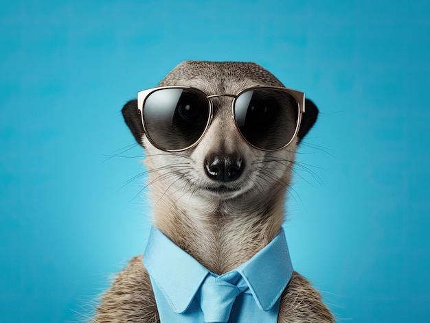 Portrait of a cute posing stylish meerkat in vibrant business suit wearing sunglasses light blue background