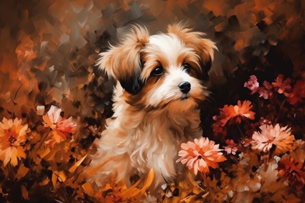 Portrait of a cute puppy sitting in flowers imitation oil painting