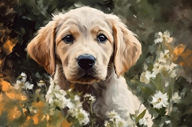 Portrait of a cute puppy sitting in flowers imitation oil painting