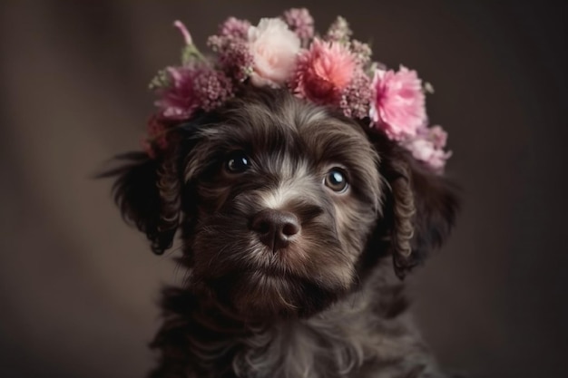 머리에 분홍색 꽃줄이 있는 귀여운 강아지의 초상화