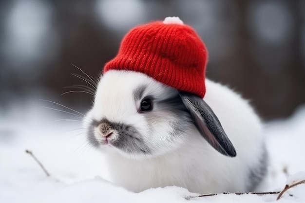 Portrait cute rabbit baby puppy with red hat AI