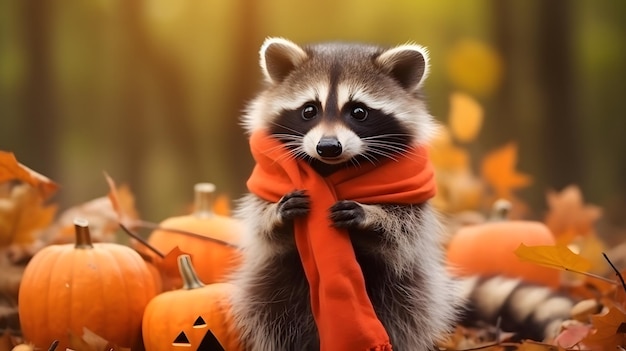 かわいいアライグマの動物とハロウィーンのカボチャとジャングルの紅葉の肖像画