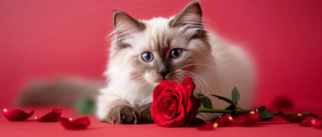 Portrait of a cute ragdoll cat holding a red rose in studio red background
