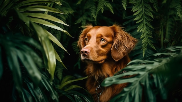 Portrait of cute red dog among tropical green plants generative AI