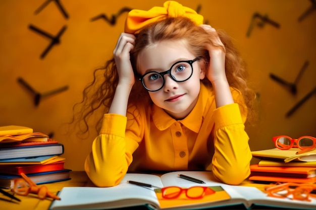 Portrait of cute schoolgirl in glasses sitting at a desk Generative AI