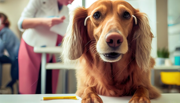 Photo portrait of cute senior dog at health check up in vet