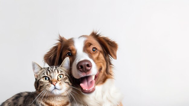 Foto ritratto di un adorabile cane peloso e di un gatto che guardano la telecamera davanti a uno sfondo bianco