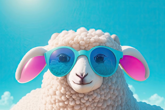 Portrait of a cute sheep with sunglasses standing on blue background ai generative