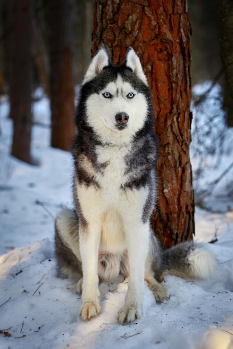 Photo portrait cute siberian husky dog in sunny evining forest