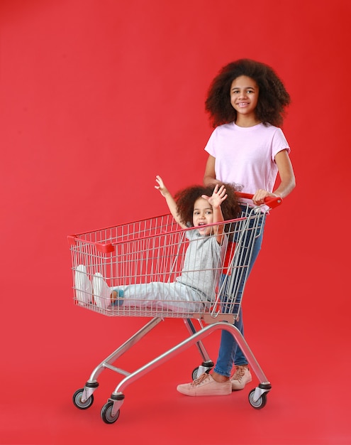 Portrait of cute sisters with shopping cart on color surface