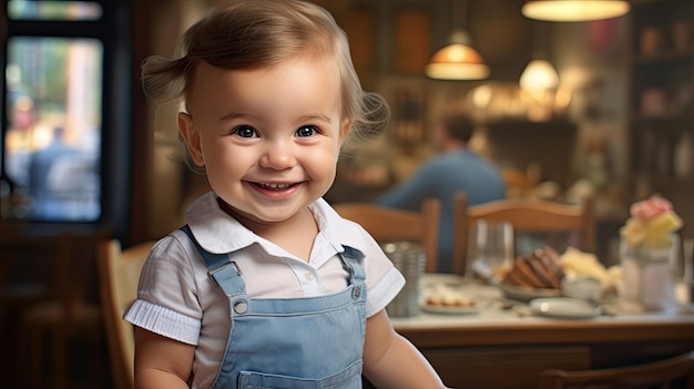 Portrait of cute smiling baby as waitress looks at camera