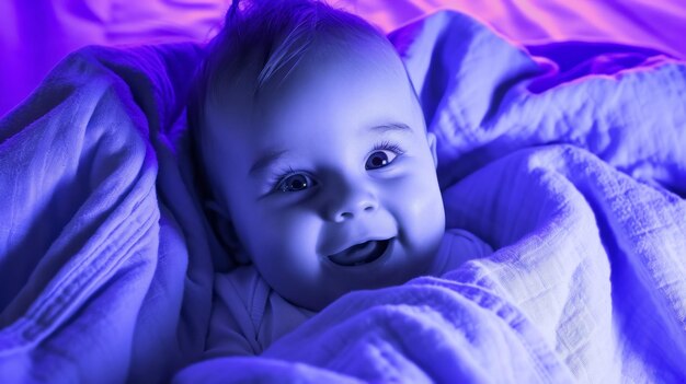 Photo portrait of a cute smiling baby with a blue blanket on his head