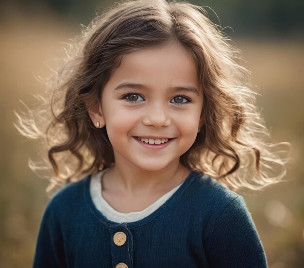 Portrait of a cute smiling girl in a sunny day Child with sunlight highlighting curly hair