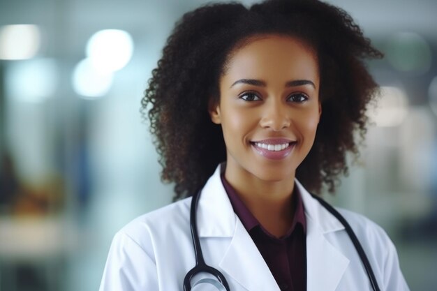 Portrait of a cute smiling hispanic female general practitioner in the background of medical office