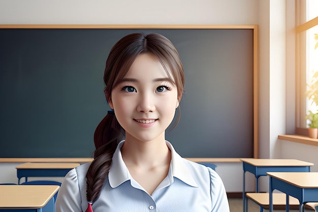 Portrait Of Cute Student Girl In School Classroom With Blackboard AI Generative Illustration Digital Art Created