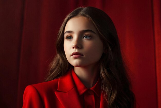 Portrait cute thinking teen girl wearing stylish red costume over red background wall looking away Y