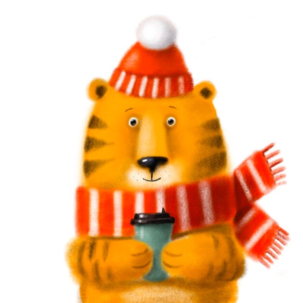 portrait of cute tiger with cup of hot drink new year holiday illustration with cartoon character