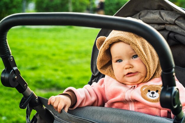 Foto portrait of a cute toddler girl in a stroller in the park