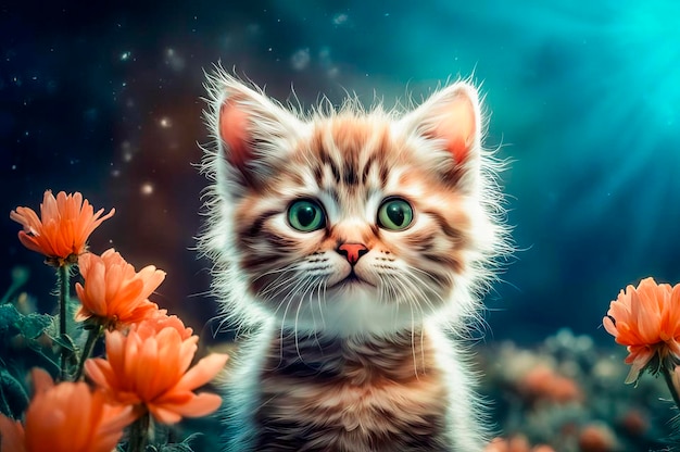 Портрет милого и трогательного котенка на фантастическом цветочном фоне