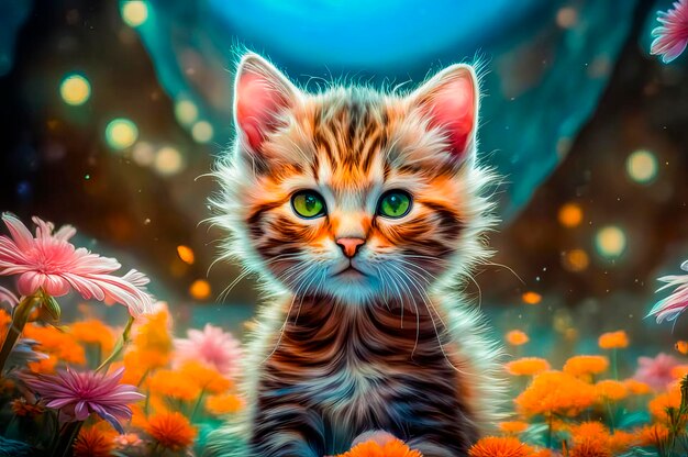 Portrait of a cute and touching kitten on a fantastic floral background