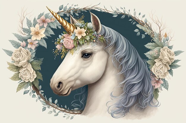 Portrait of a cute unicorn in a wreath