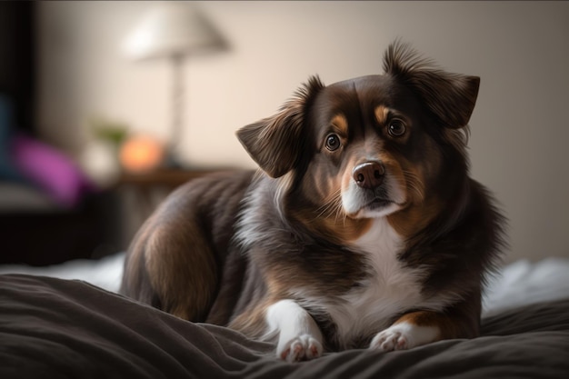 Portrait of cute white and brown dog on bed created using generative ai technology