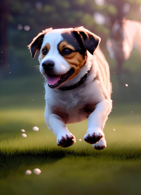 Portrait of a cute white and brown Jack Russell dog running on the grass