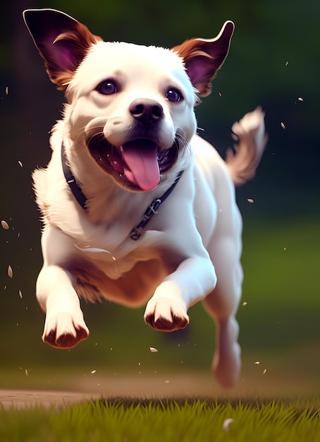 Portrait of a cute white and brown Jack Russell dog running on the grass