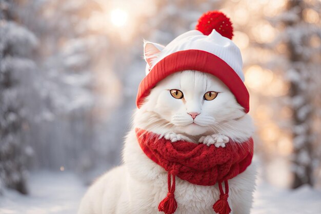 portrait of a cute white cat in a red winter hat ai generative