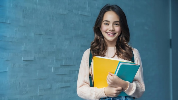 Portrait of cute young brunette student holding exercise books isolated on white wall