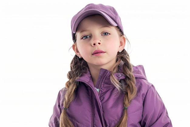 Photo portrait of a cute young girl with two braids wearing a purple cap and jacket