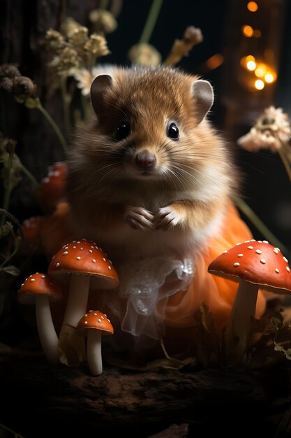 Portrait of a Cutely Adorned Beaver Sits Upon a Mushroom Wearing a Princ Anthropomorphic Character