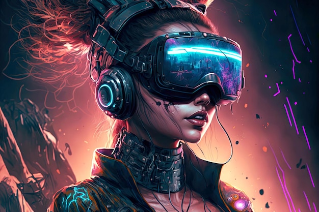 Portrait of cyberpunk girl in virtual reality vr headset