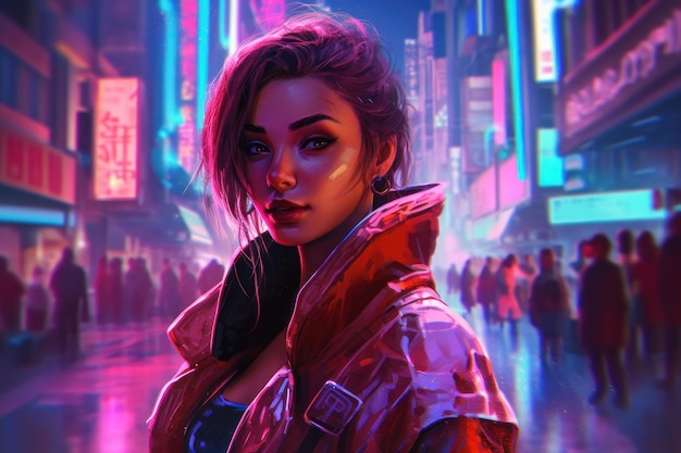 portrait of a cyberpunk girl wearing futuristic clothing and accesories standing in front of lights