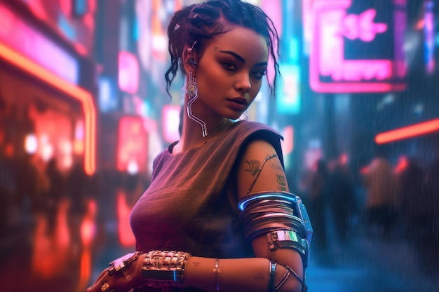 portrait of a cyberpunk girl wearing futuristic clothing and accesories standing in front of lights