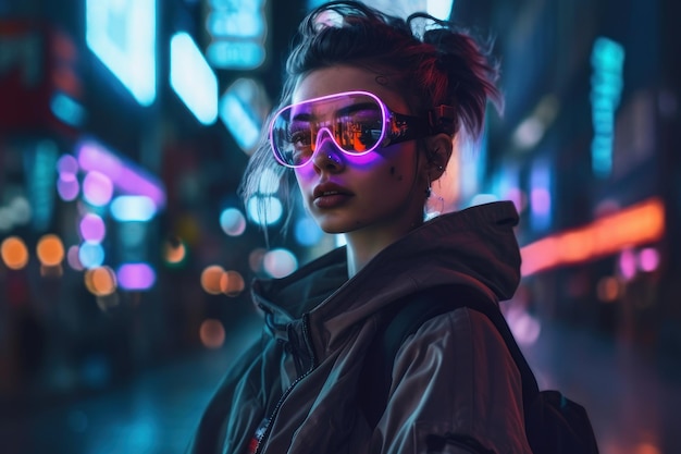 portrait of a cyberpunk girl wearing futuristic clothing and accesories standing in front of lights