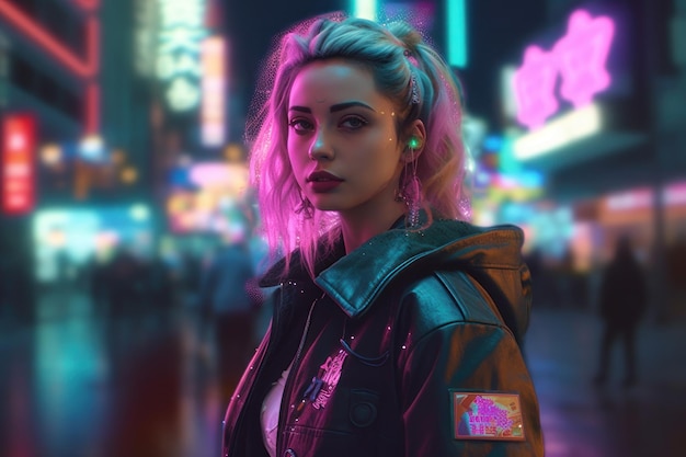 portrait of a cyberpunk girl wearing futuristic clothing and accesories standing in front of lights