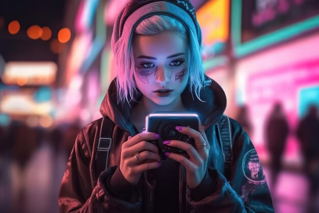 A cyberpunk styled portrait of a young woman wearing neon clothing. a  futuristic high tech dude. the ideas of cyberpunk and virtual reality.  Perfect for posters or phone wallpaper. Generative AI Stock