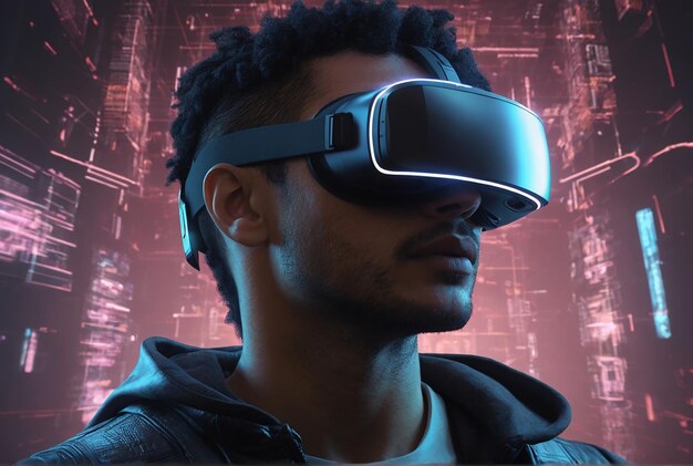 Portrait of a cyberpunk man in a VR headset in glasses of virtual reality